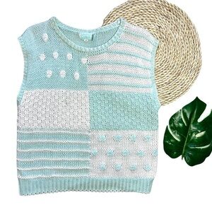 Vintage Retro Captivate Pastel Mint Blue Green Aqua Patchwork Knit Sweater Vest